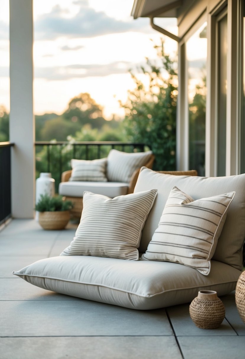 A serene patio adorned with neutral-toned throw pillows, featuring minimalist Japandi design elements