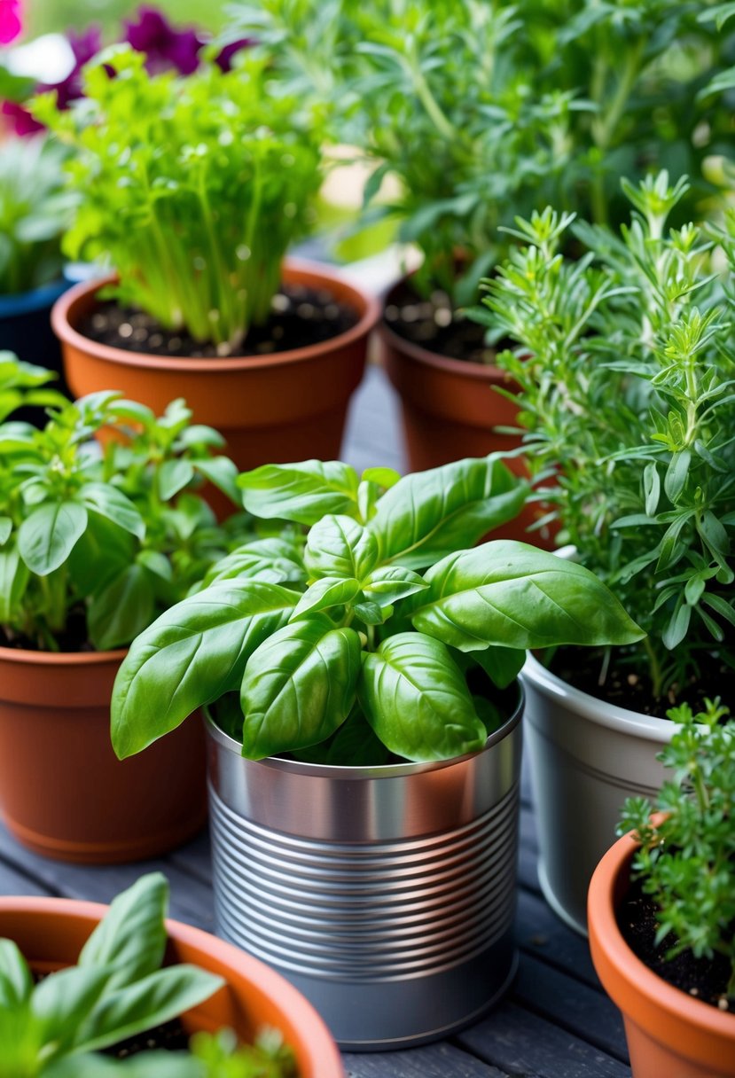 A tin can filled with basil, surrounded by other potted herbs in a vibrant and diverse container garden
