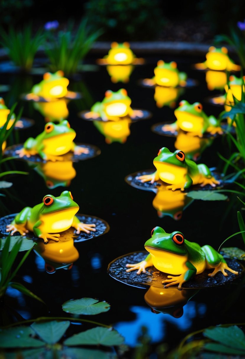 Glowing frog statues surround 25 garden ponds at night
