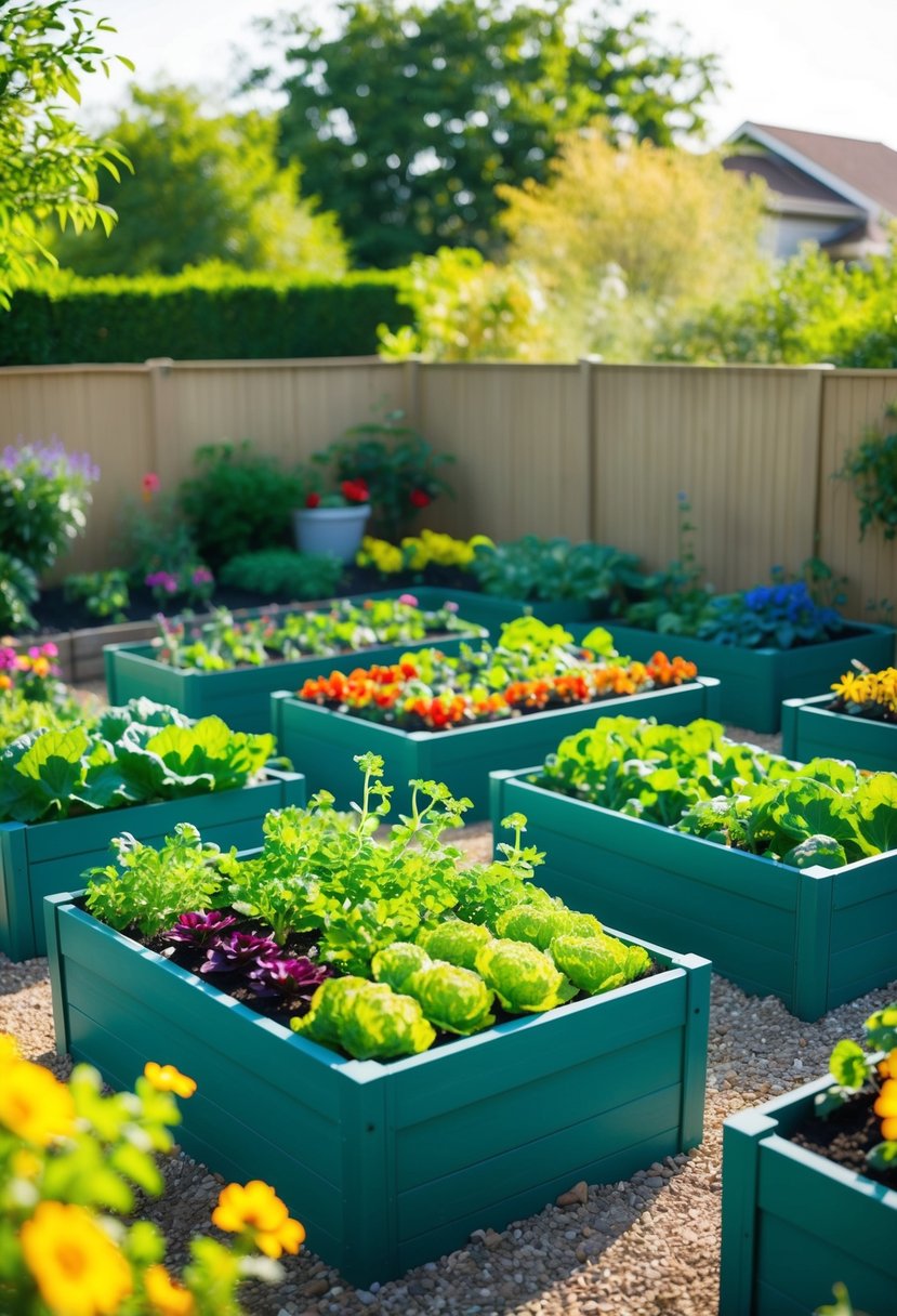 A sunny backyard with multiple raised garden beds, filled with vibrant flowers and vegetables, surrounded by a neat fence