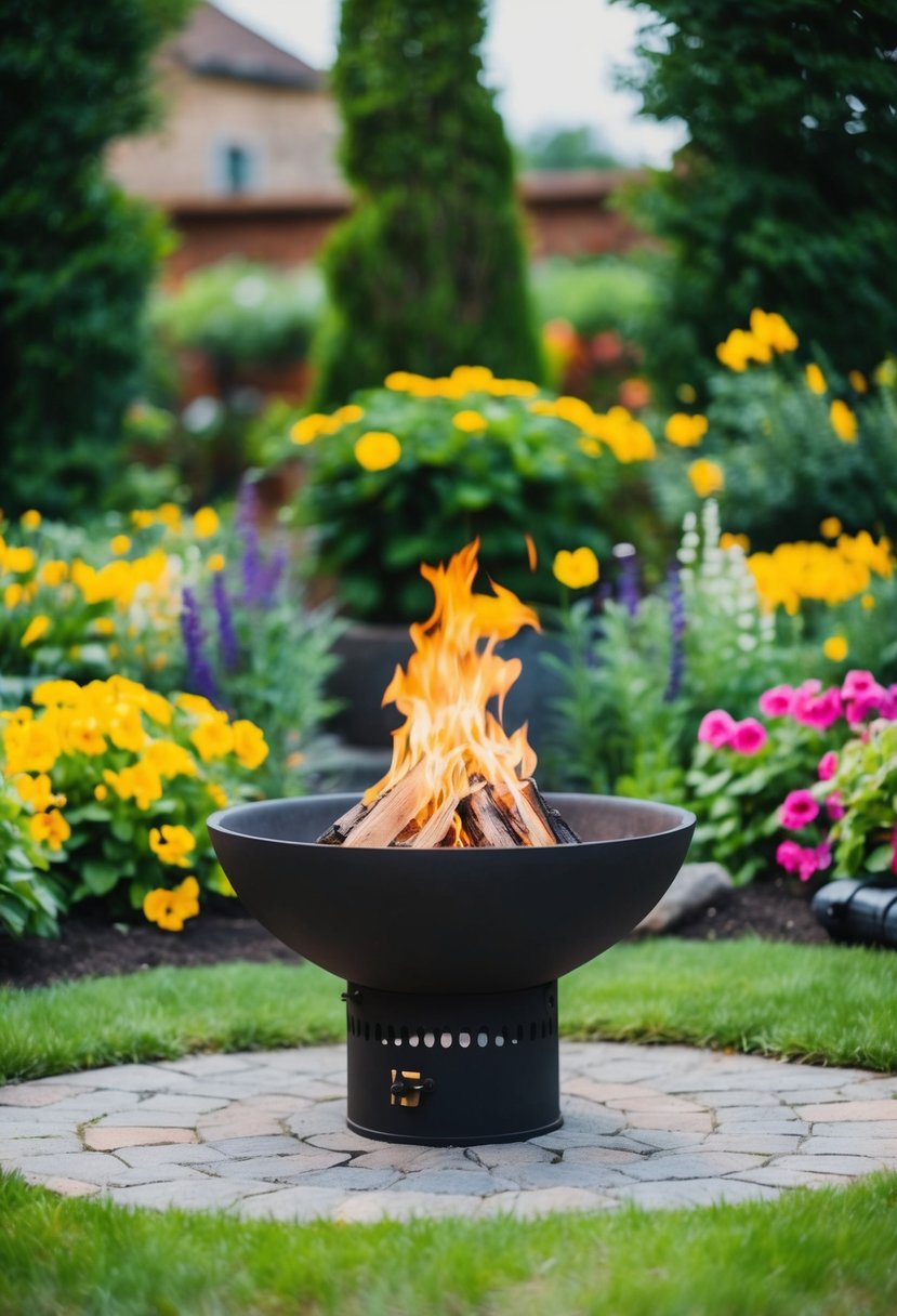 A small fire pit surrounded by a lush garden, with colorful flowers and greenery, creating a cozy and inviting atmosphere