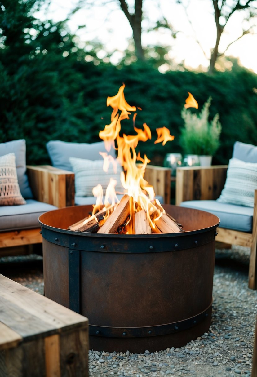 A rustic fire pit made of salvaged steel and wood, surrounded by a cozy outdoor seating area