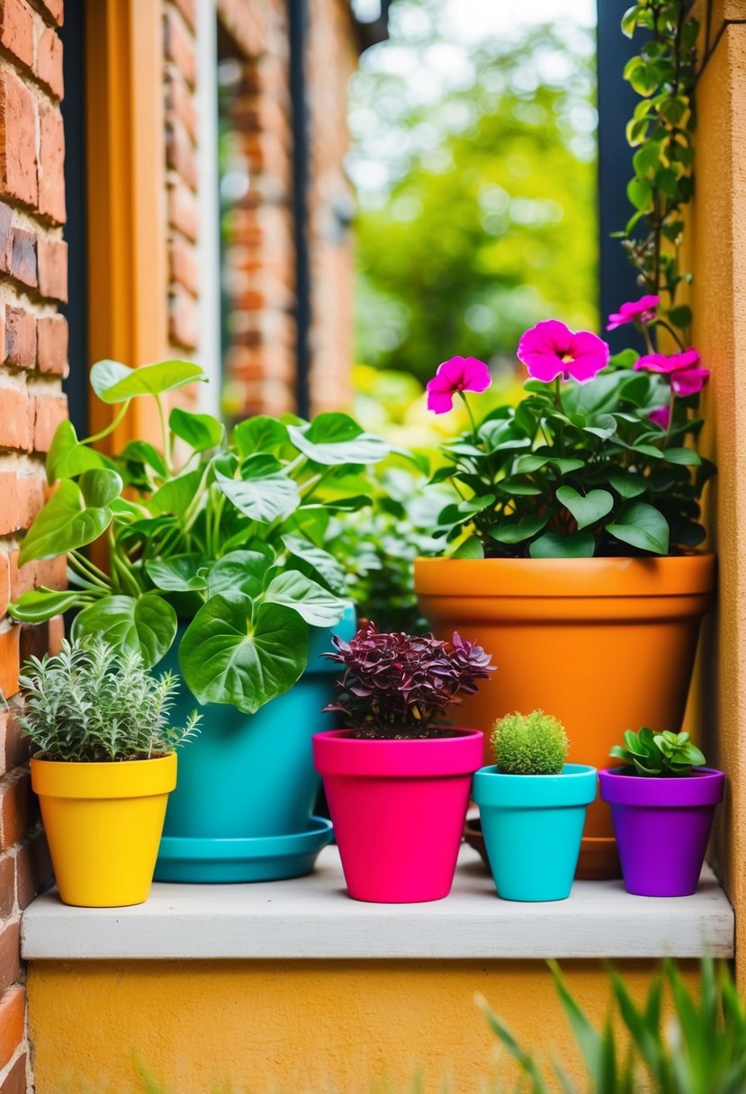Vibrant plant pots arranged in a garden nook, adding color and life to the outdoor space