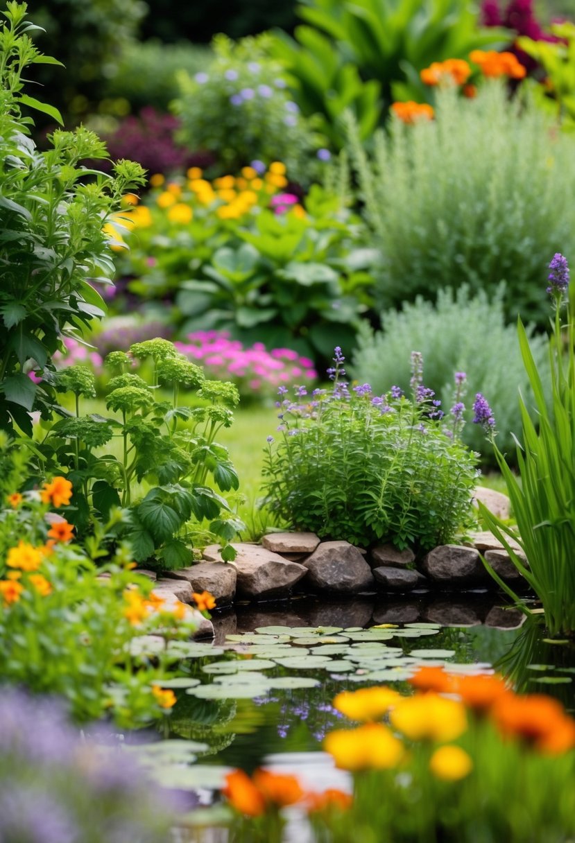 A serene herb garden pond surrounded by lush greenery and colorful flowers