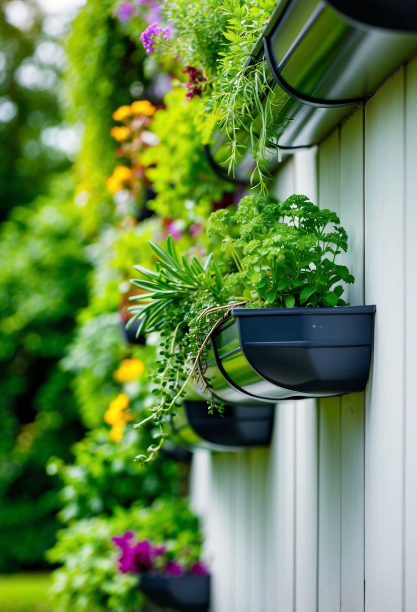 A series of gutters hang vertically, filled with various herbs and plants, creating a lush and vibrant garden wall