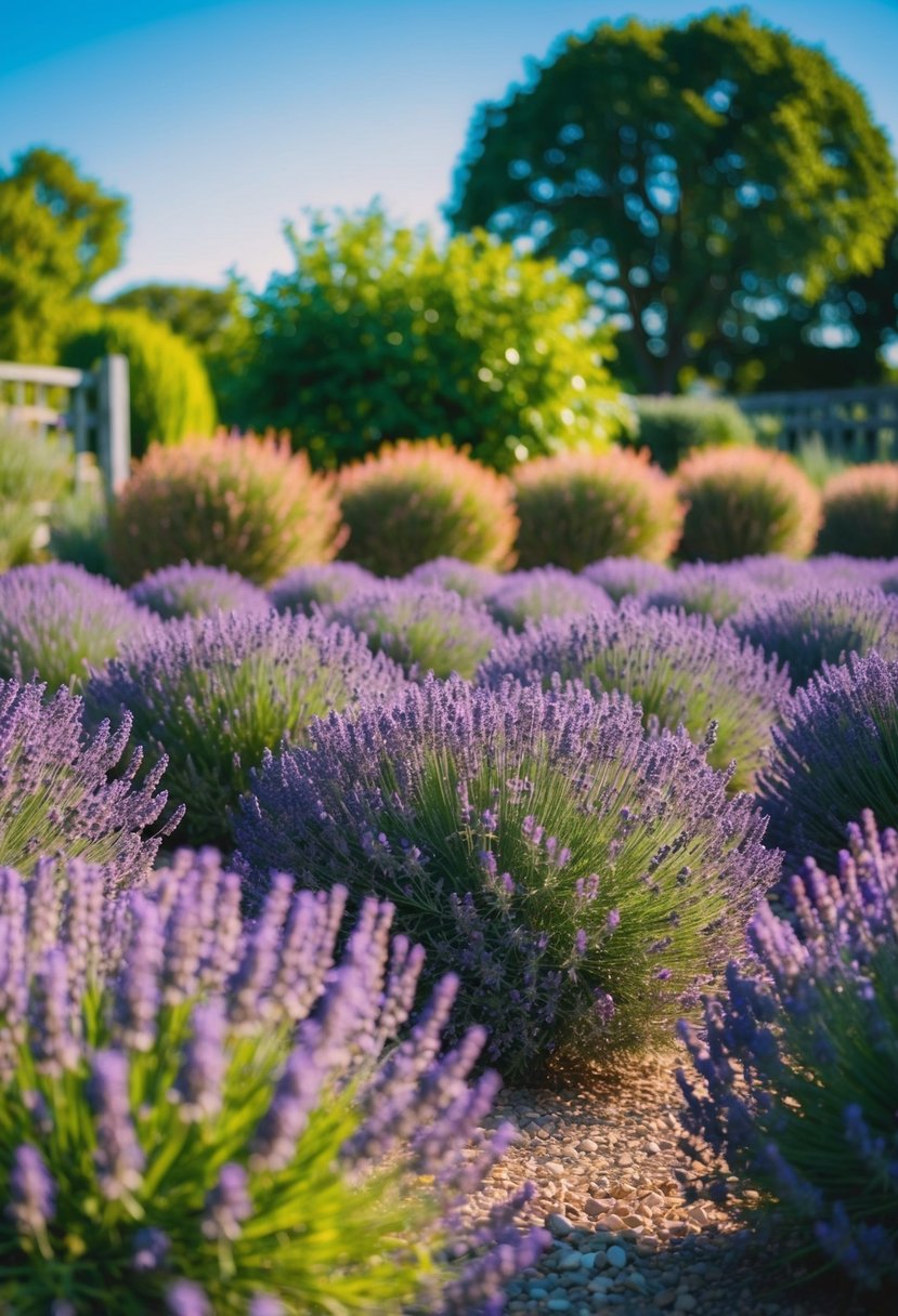 A serene garden filled with rows of vibrant lavender bushes under a clear blue sky
