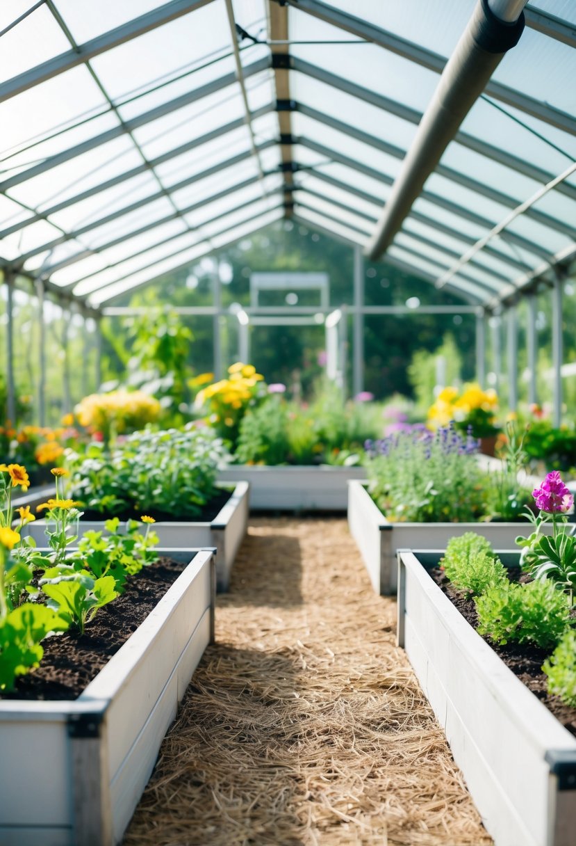 A modular greenhouse with 35 raised garden beds, filled with greenery and vibrant flowers, creating a lush and organized garden space
