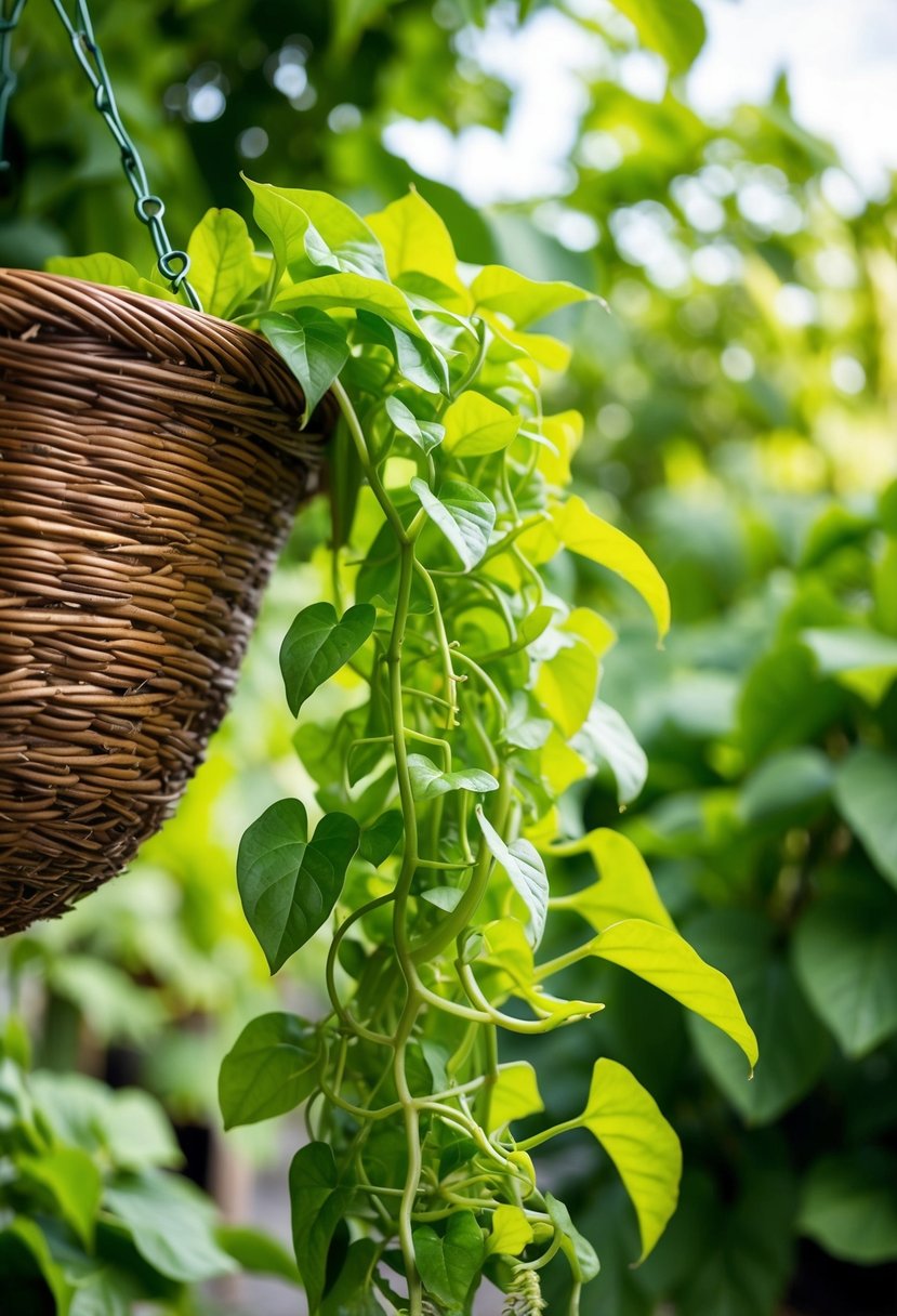 A lush, cascading sweet potato vine spills over the edges of a hanging basket, its vibrant green leaves creating a lively and inviting display