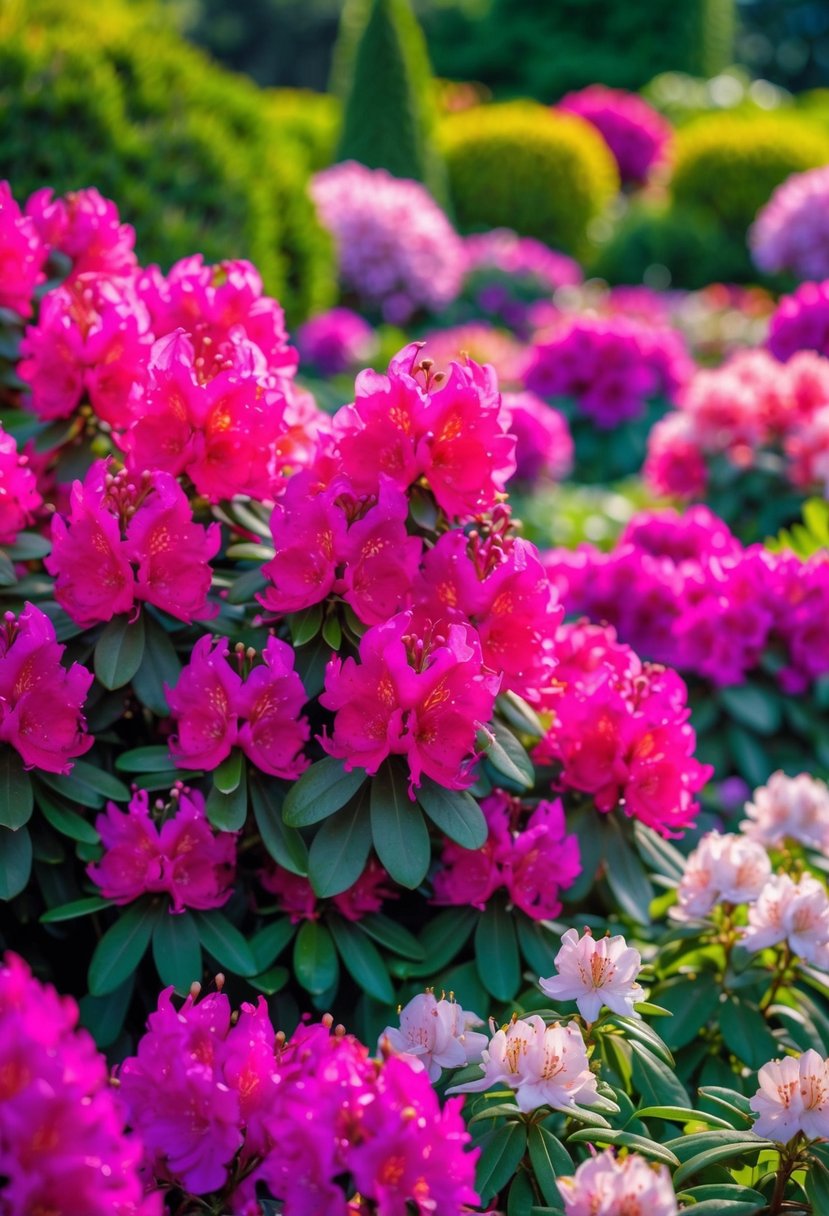 A vibrant garden filled with blooming Rhododendron 'Nova Zembla' and azaleas, creating a colorful and picturesque landscape