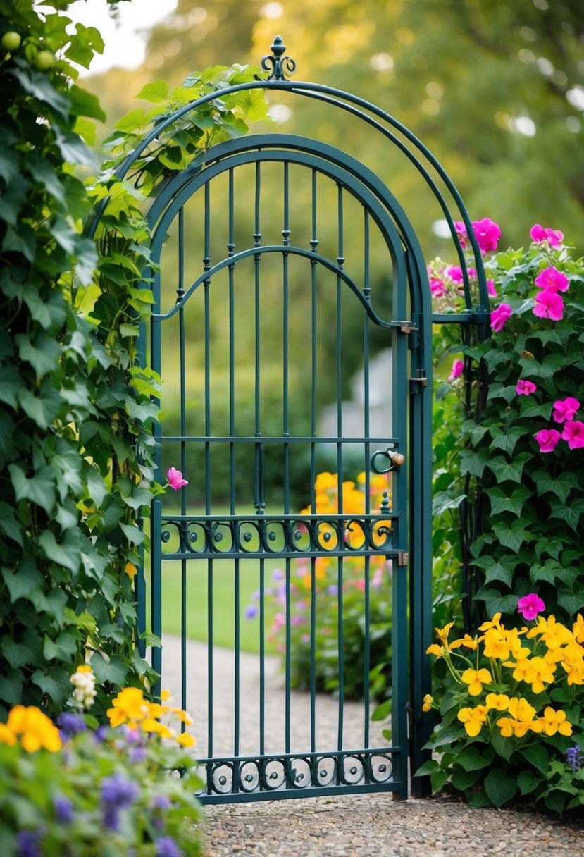 A wrought iron arched garden gate surrounded by climbing ivy and colorful flowers