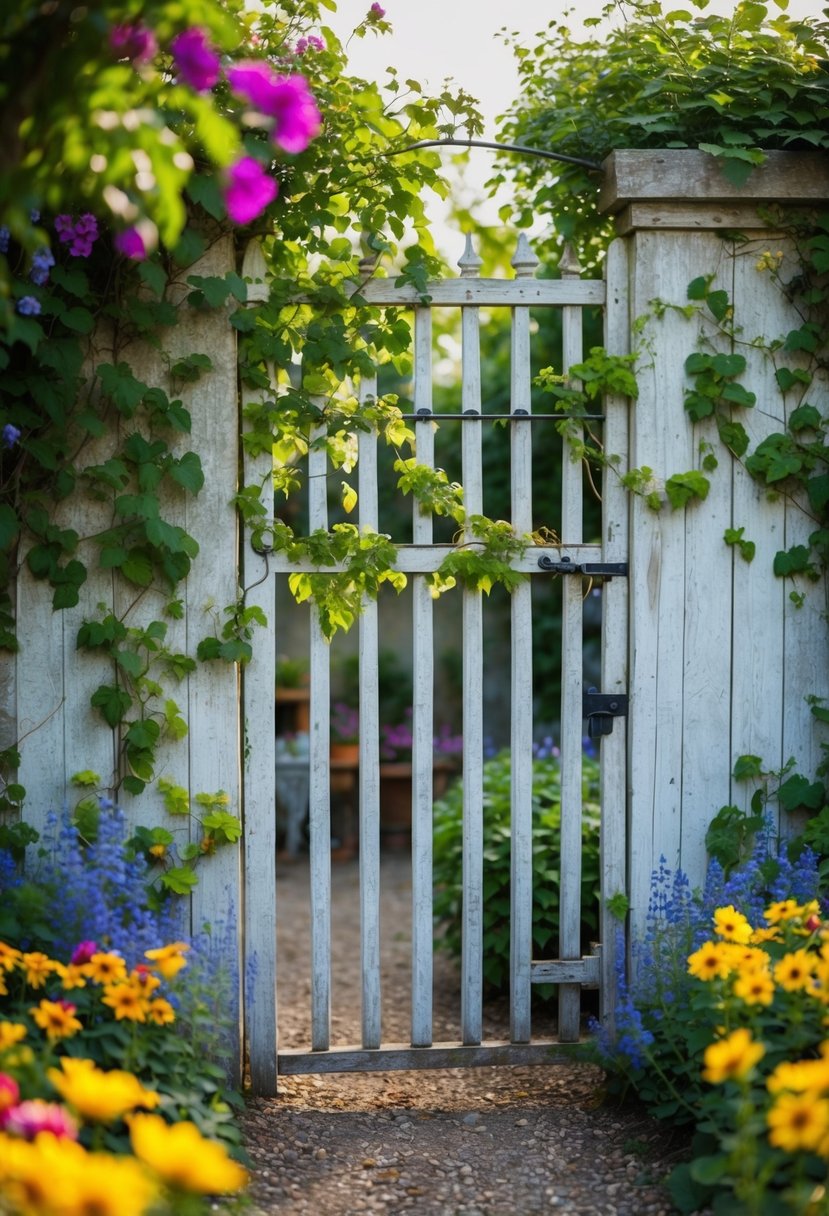 A weathered garden gate adorned with climbing vines and surrounded by colorful flowers, leading to a cozy garden nook