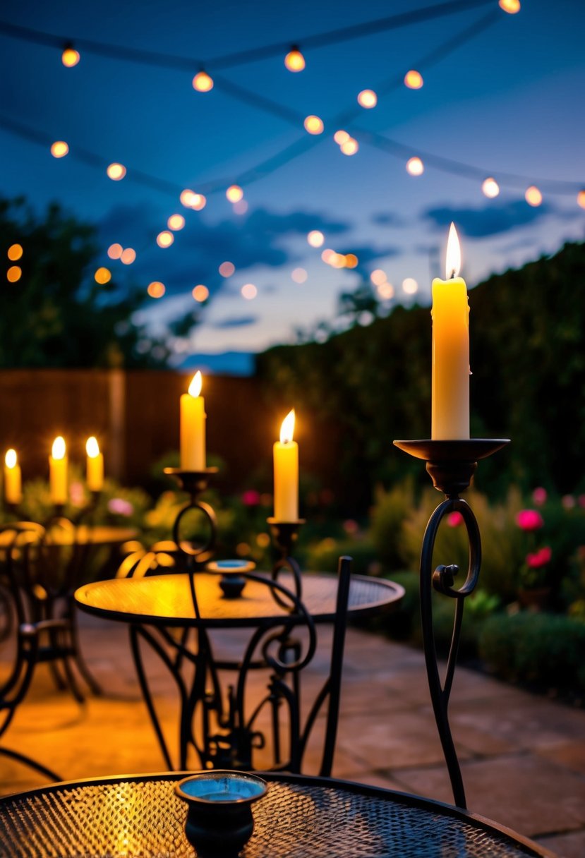 A garden patio adorned with wrought iron candle holders, casting a warm glow in the evening
