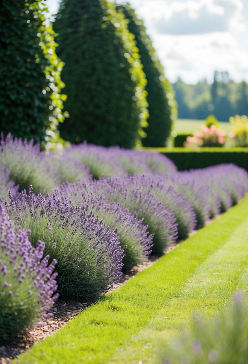 A lush lavender hedge borders a garden, stretching out for 47 gardens in a picturesque scene