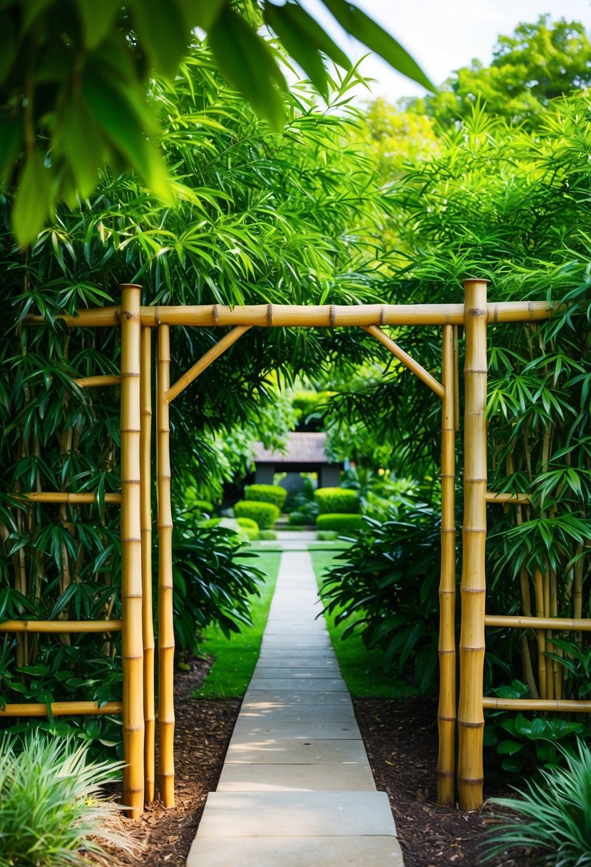 A bamboo garden gate stands amidst lush greenery, with a pathway leading into a serene and tranquil garden setting