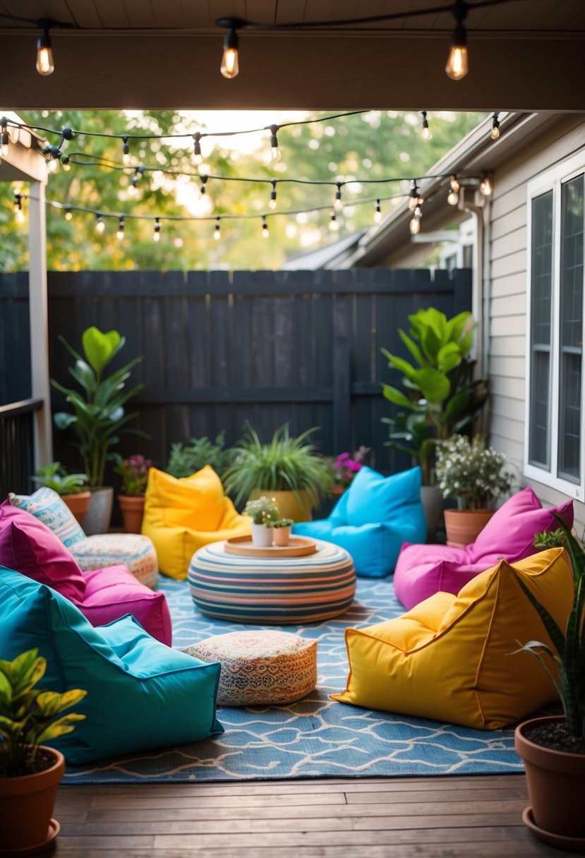 A cozy outdoor patio with colorful bean bags scattered around, surrounded by potted plants and string lights