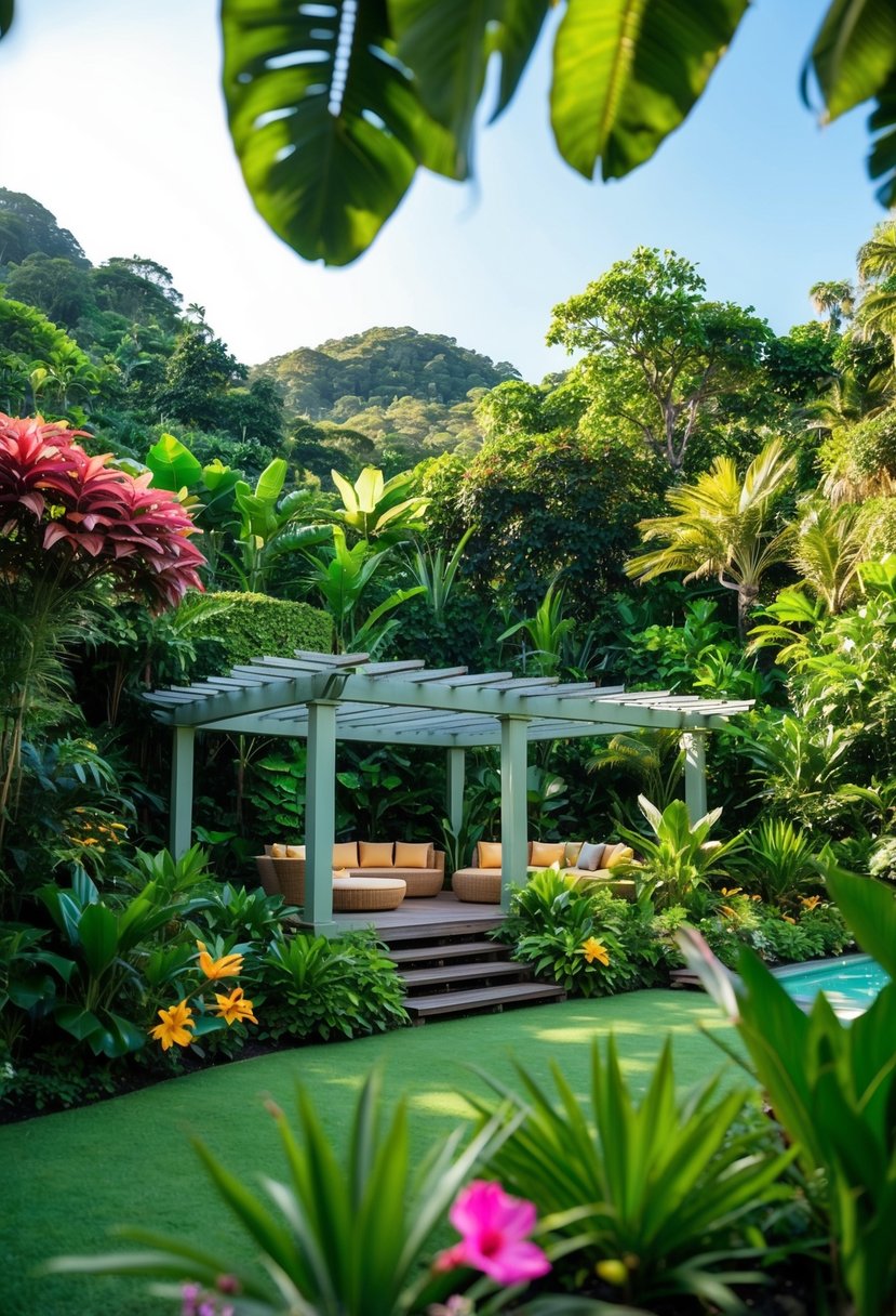 A lush rainforest with 43 gardens surrounding a pergola retreat. Vivid greenery and exotic flowers fill the scene, creating a serene and tranquil atmosphere