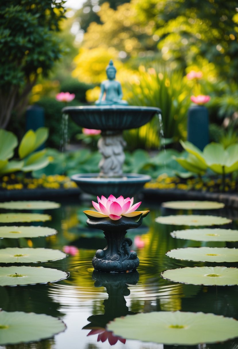 A tranquil garden with 32 ponds and lotus blossom statue fountain