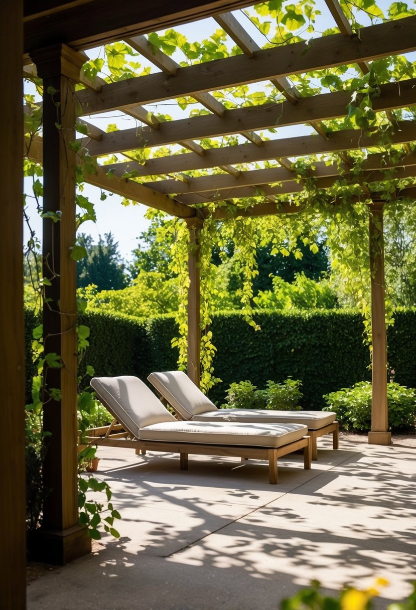 A sun-drenched pergola lounge in a lush garden, with vines climbing the wooden structure and casting dappled shadows on the ground