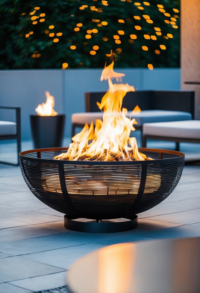 A swirling metal fire pit glows in a modern outdoor setting, surrounded by sleek and minimalist furniture
