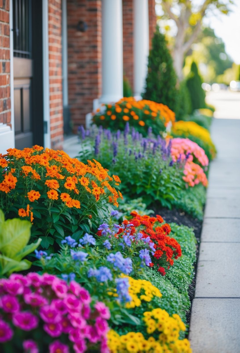 A vibrant flower bed lines the entrance, bursting with colorful blooms and lush greenery