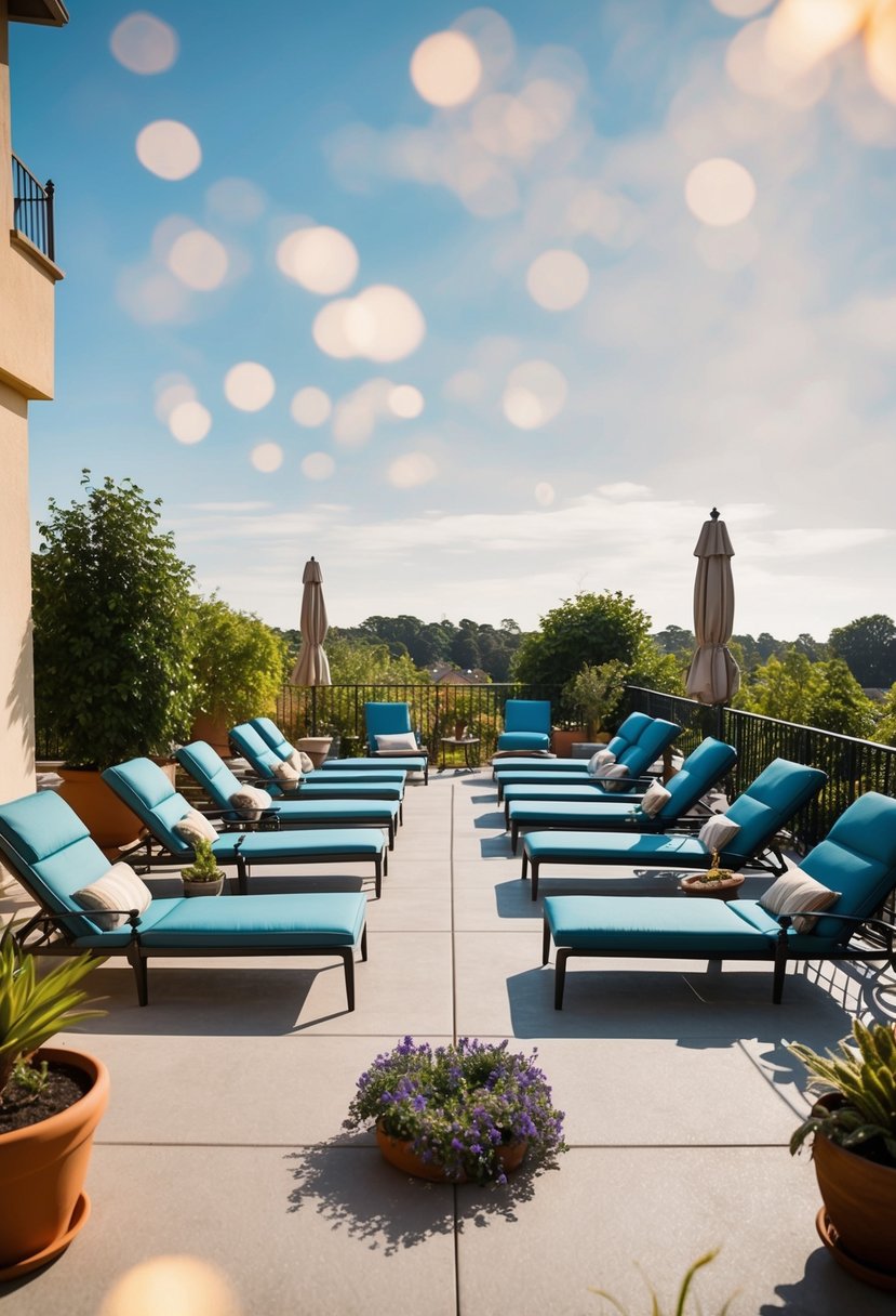 A sunny patio with a variety of 34 adjustable loungers arranged in different seating ideas, surrounded by potted plants and a view of the outdoors