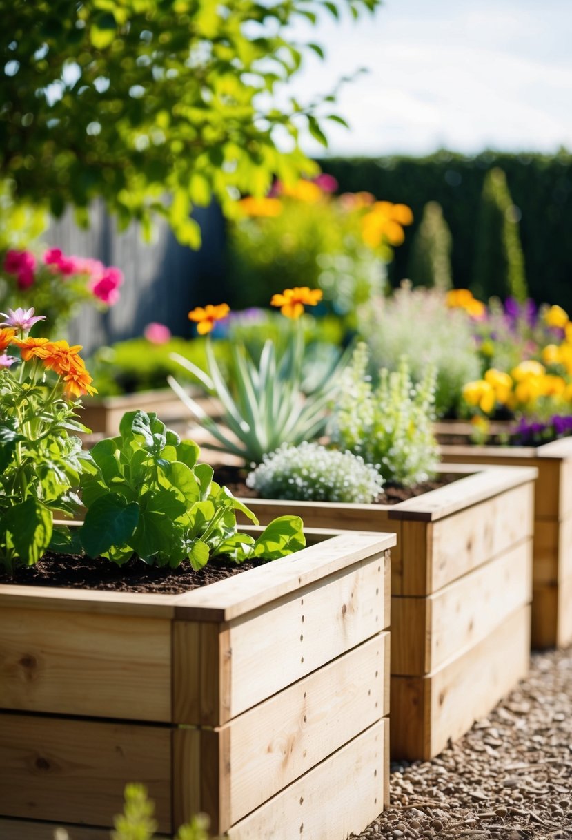 A sunny garden with 35 raised wooden planter boxes, each filled with various plants and flowers