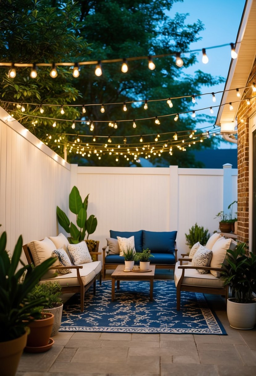 A cozy patio with string lights, potted plants, and comfortable seating for dining and lounging