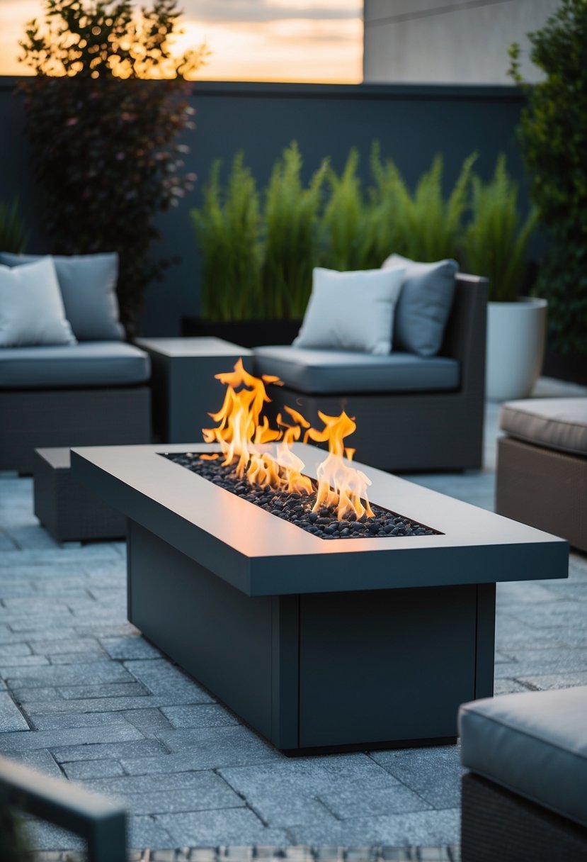 A sleek, linear fire table sits in a modern outdoor setting, surrounded by contemporary furniture and lush greenery. The flames dance and flicker, creating a warm and inviting ambiance