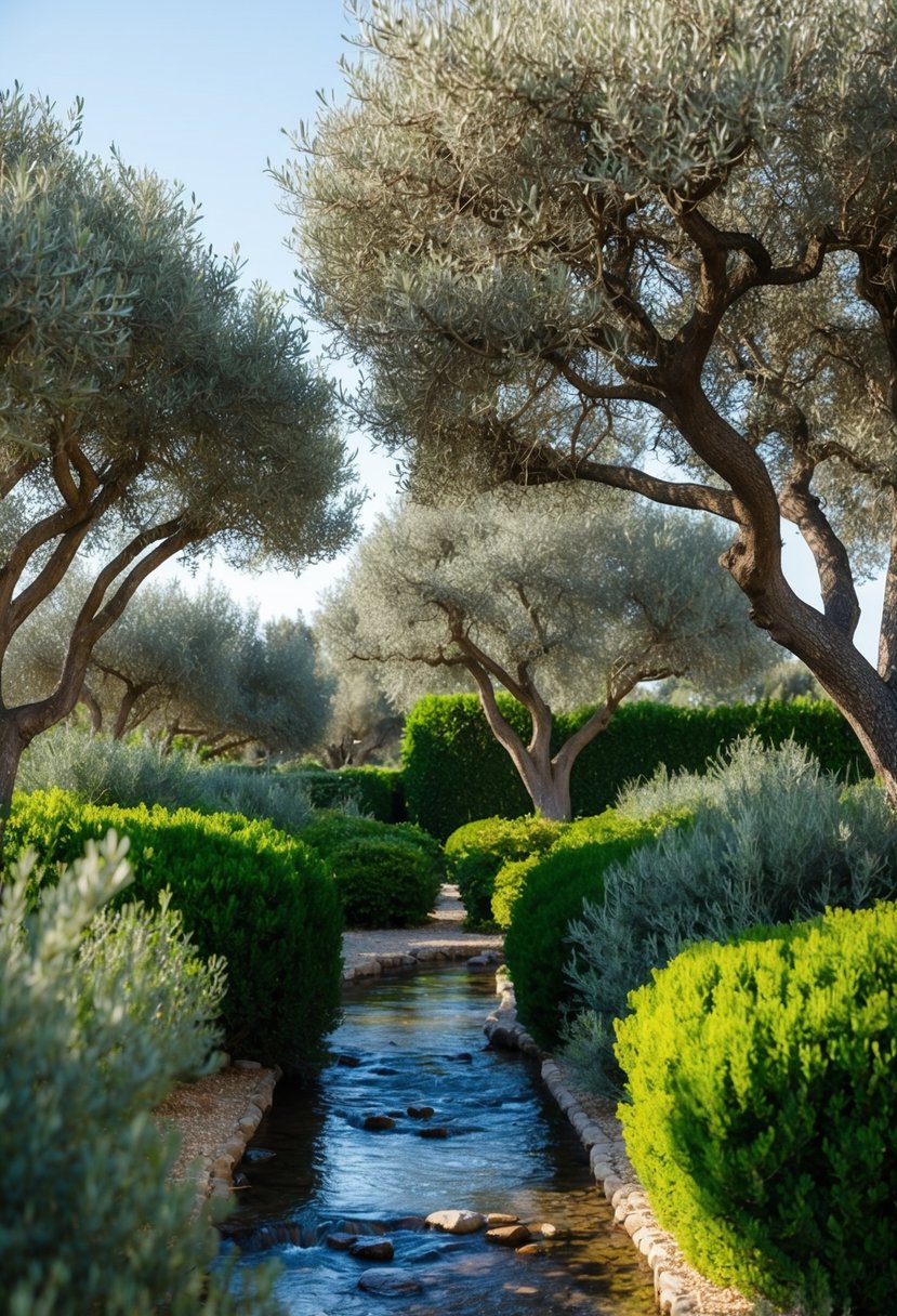 A serene Mediterranean garden with olive trees and a gentle stream flowing through the lush greenery
