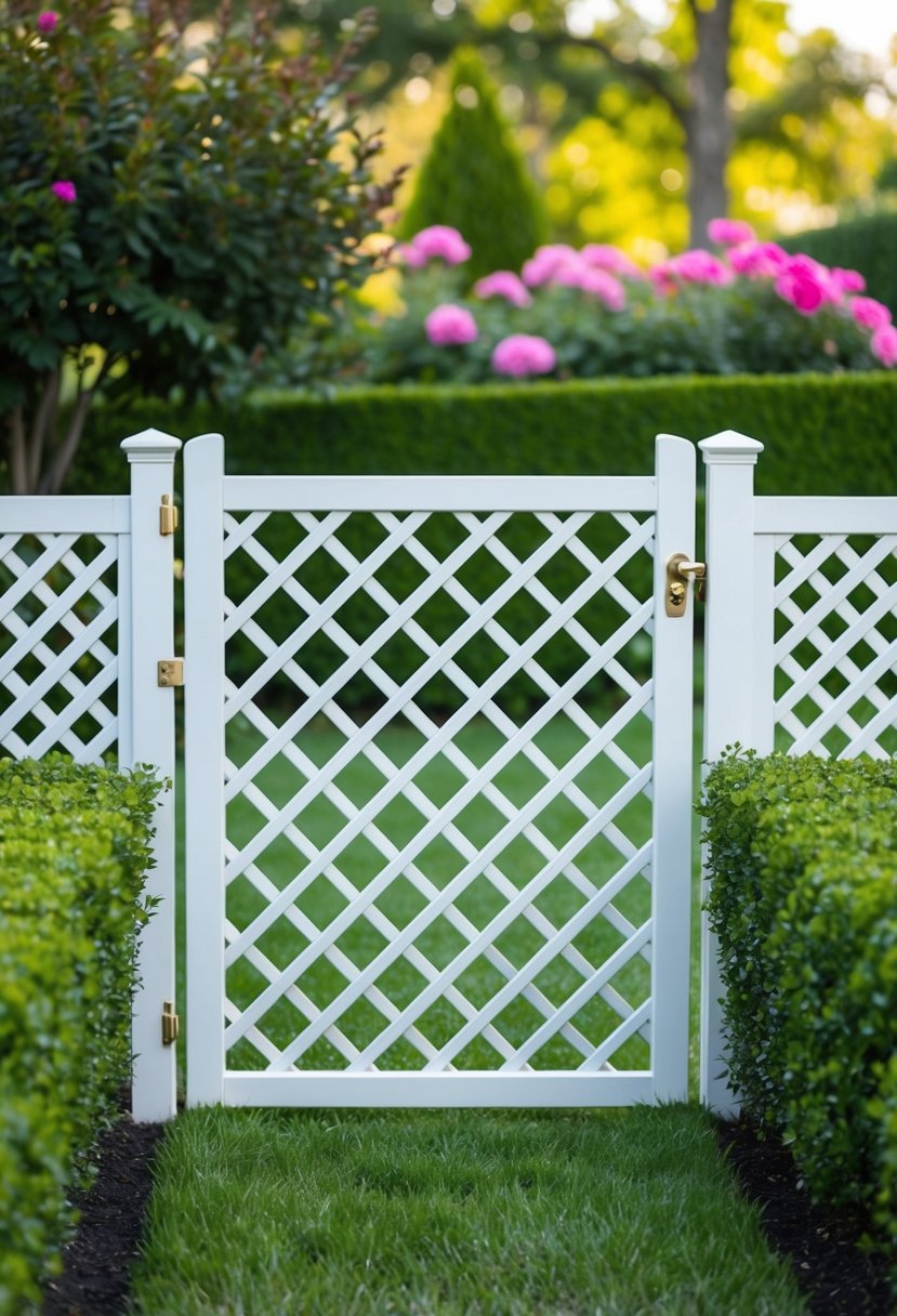 A vinyl lattice gate stands among a lush garden, surrounded by vibrant flowers and neatly trimmed hedges