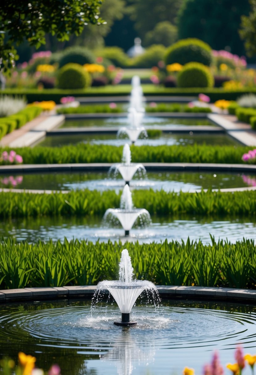 A serene garden filled with 32 ponds, each adorned with a beautiful fountain, creating a tranquil and picturesque landscape