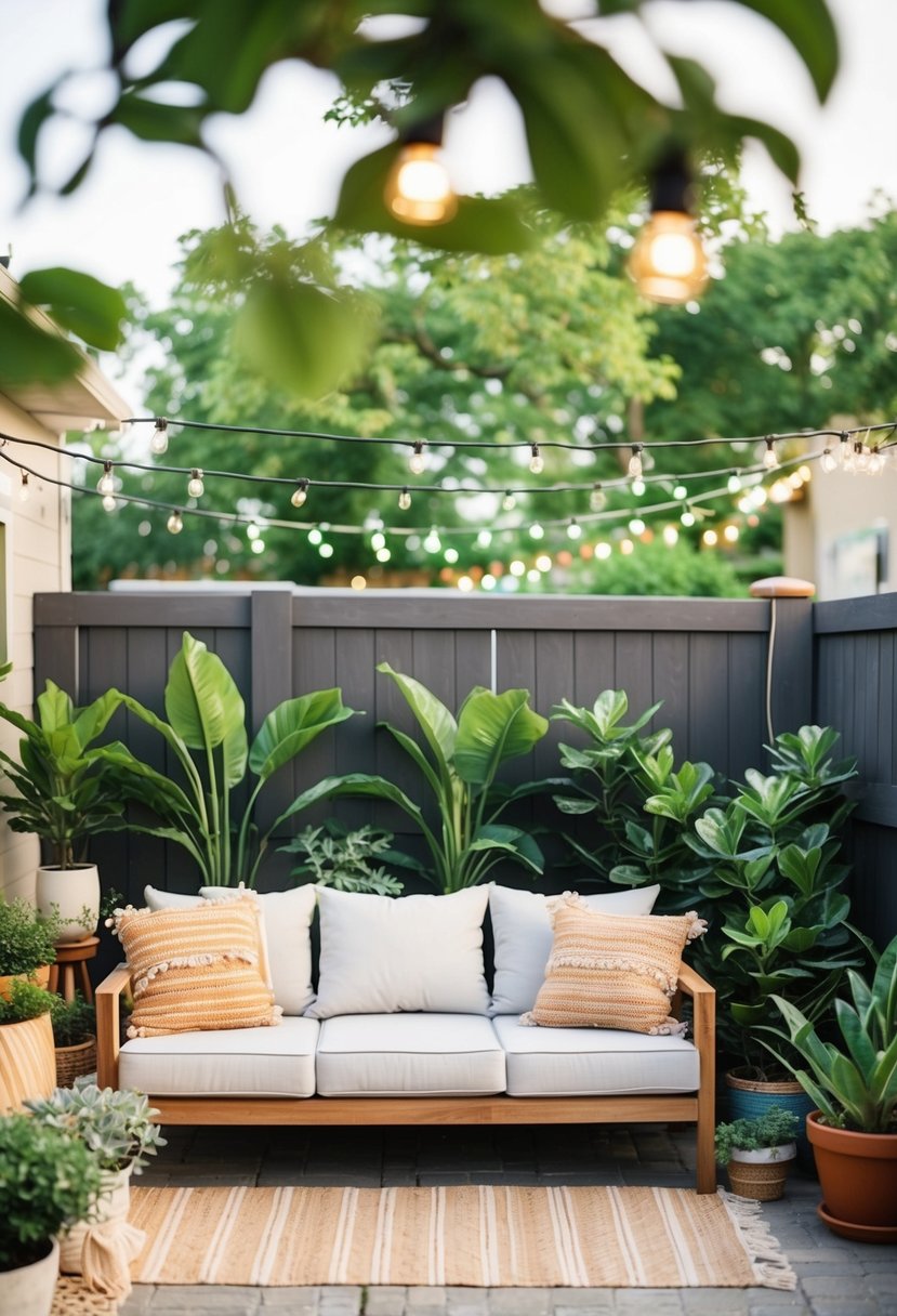 A cozy outdoor sofa surrounded by potted plants and string lights on a patio