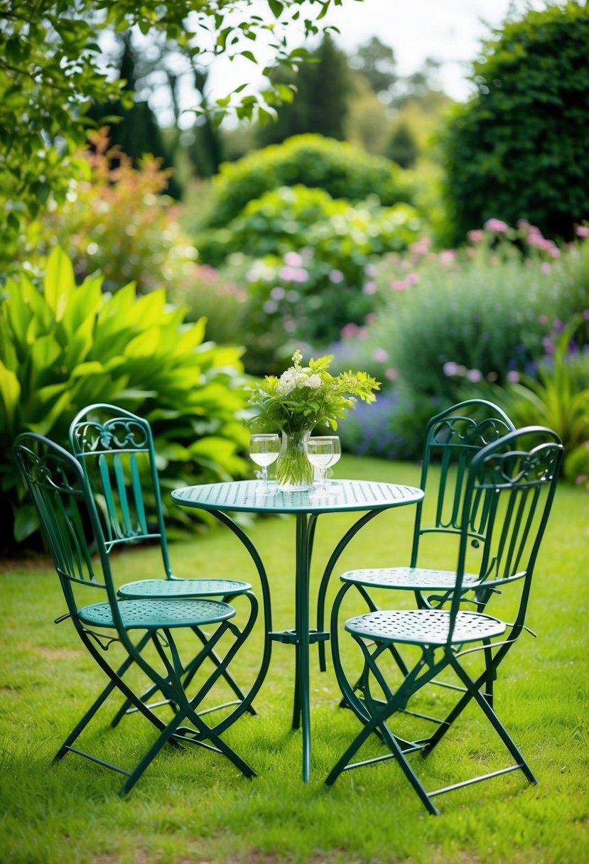 A metal bistro set surrounded by lush greenery in a tranquil garden setting