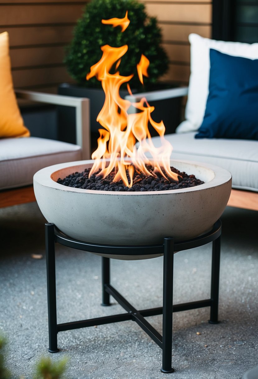 A concrete fire bowl sits atop a metal stand, surrounded by a modern outdoor setting