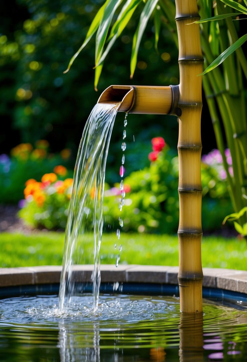 A bamboo fountain cascades into a serene garden pond, surrounded by lush greenery and colorful flowers