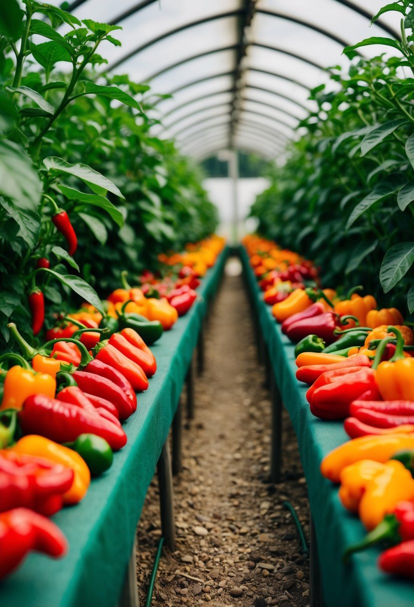 Lush garden with rows of vibrant chili peppers in 28 greenhouses
