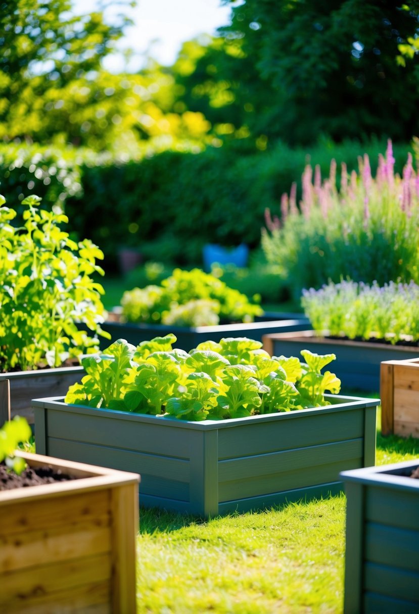 A raised bed planter sits in a lush garden, surrounded by other raised beds. The sun shines down on the greenery, creating a vibrant and inviting scene
