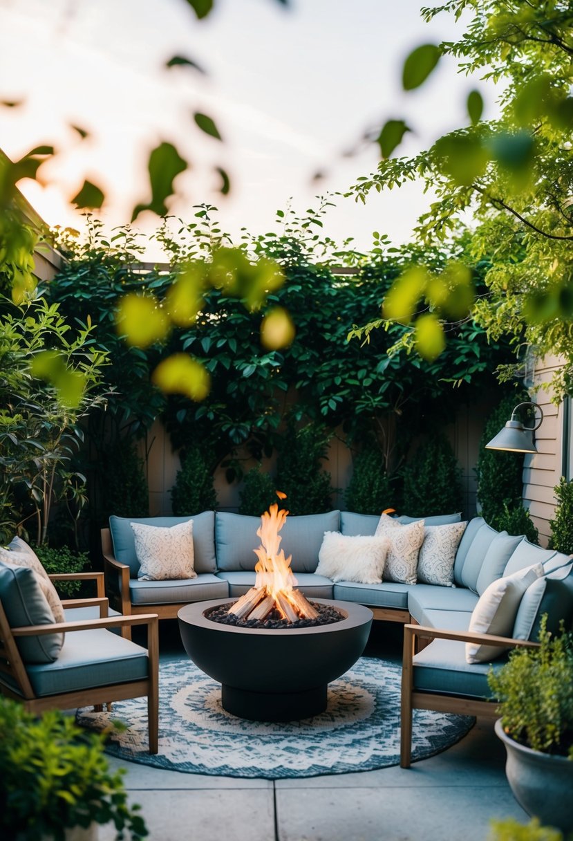 A cozy garden nook with a chic fire pit surrounded by comfortable seating, soft lighting, and lush greenery