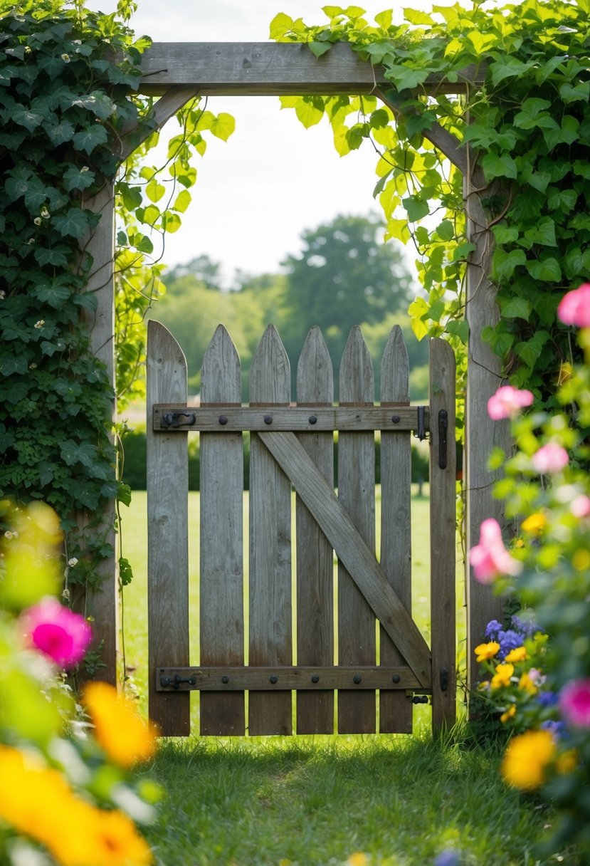 A weathered wooden gate stands amidst a lush garden, framed by climbing vines and colorful flowers