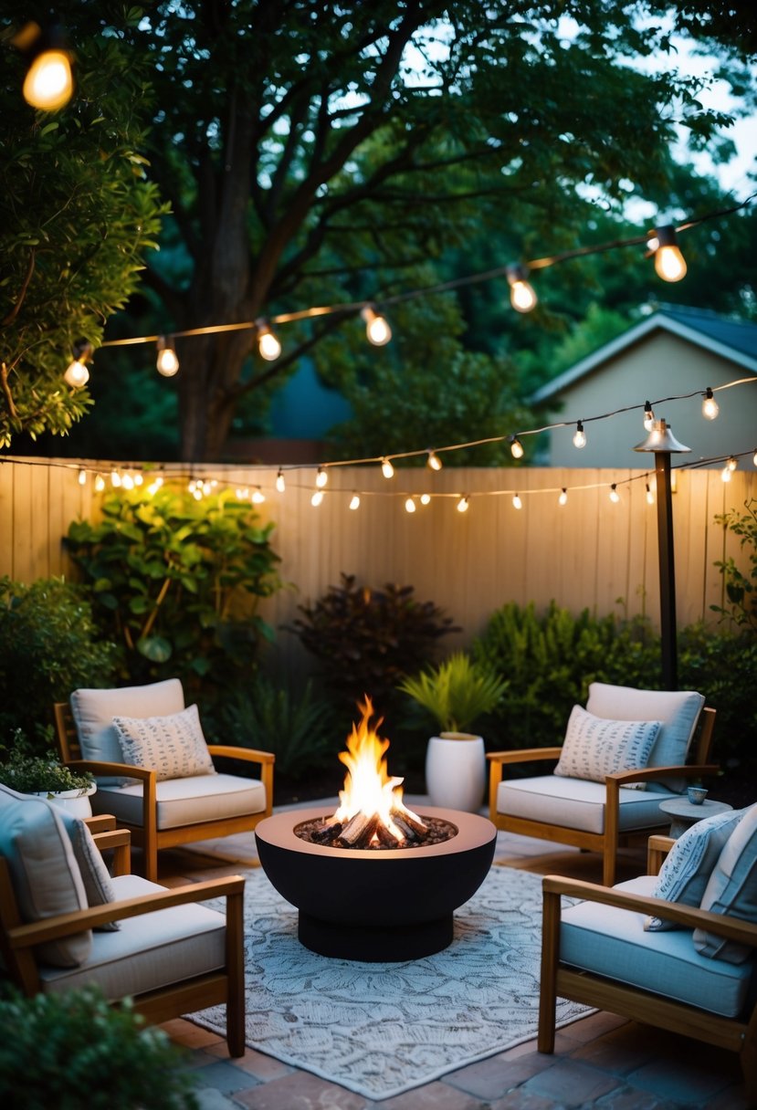 A cozy backyard with a small fire pit surrounded by comfortable seating, twinkling string lights, and lush greenery
