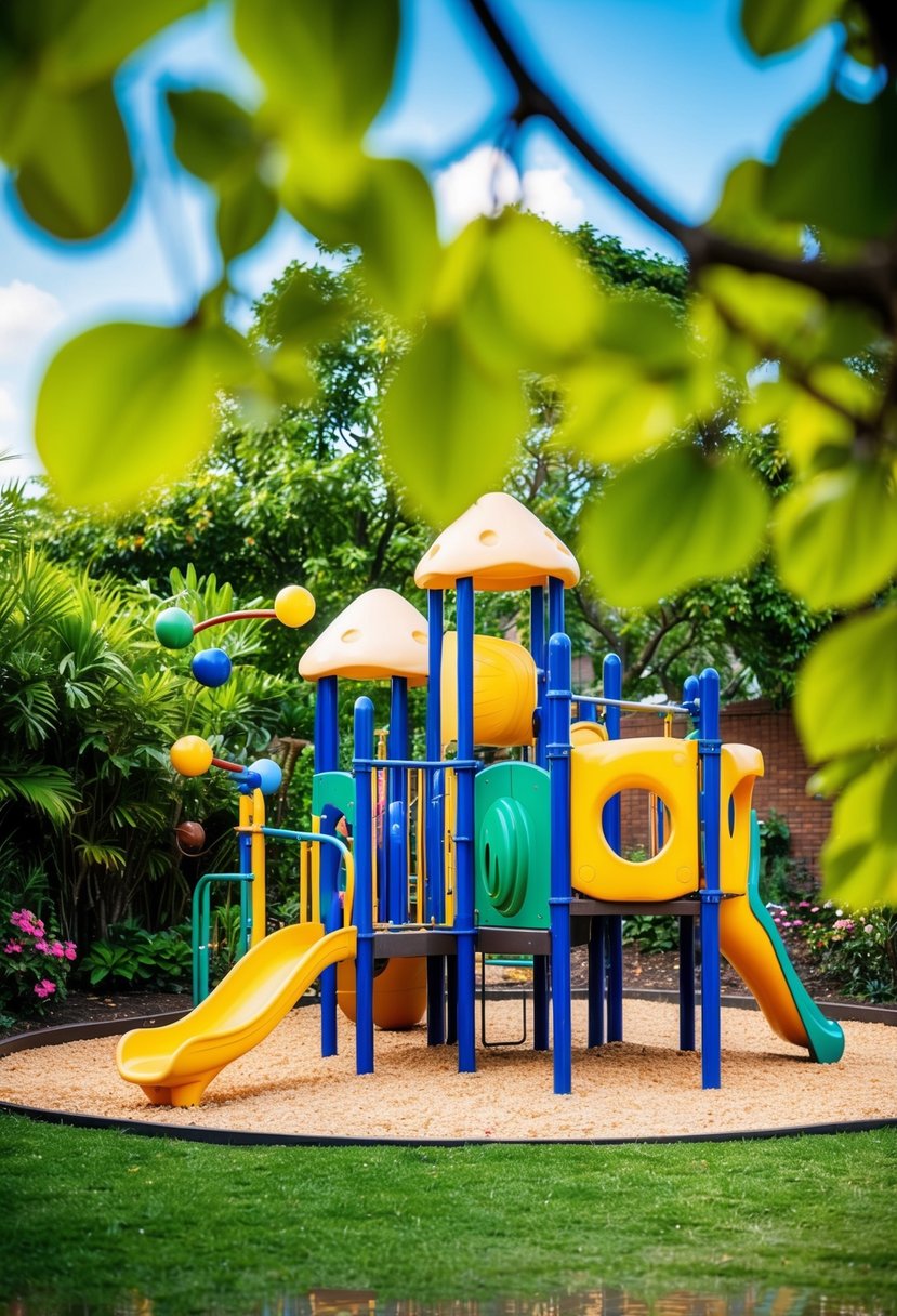 A vibrant playground nestled within a lush garden, featuring colorful play equipment and a joyful atmosphere