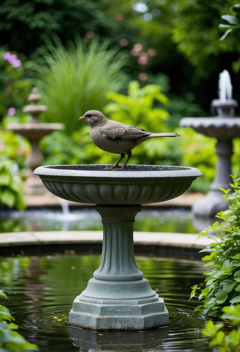 A serene garden with an antique stone bird bath surrounded by lush greenery and other water features