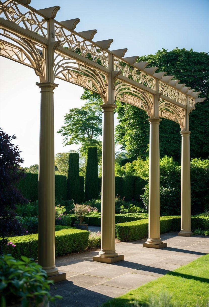 A grand Art Deco pergola stands amidst lush gardens, adorned with intricate geometric patterns and elegant curves, casting beautiful shadows in the afternoon sun