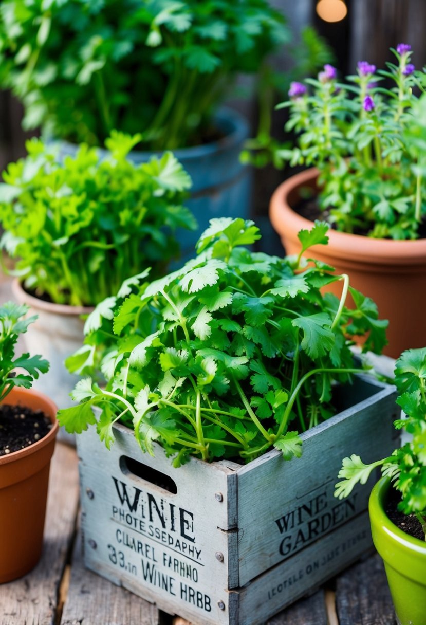 Fresh cilantro growing in a weathered wine crate, surrounded by other potted herbs in a rustic garden setting