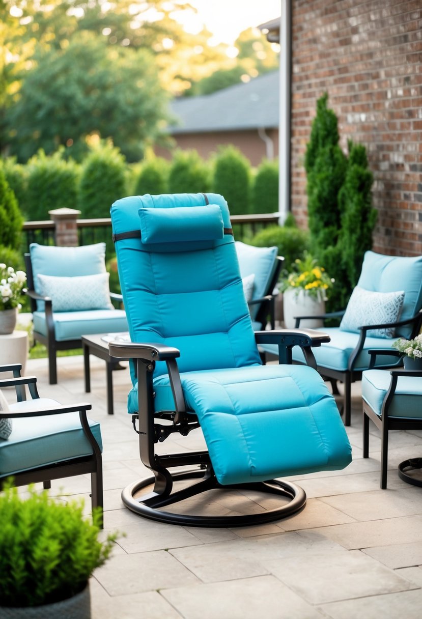 A patio with a zero gravity recliner surrounded by various seating options and decor