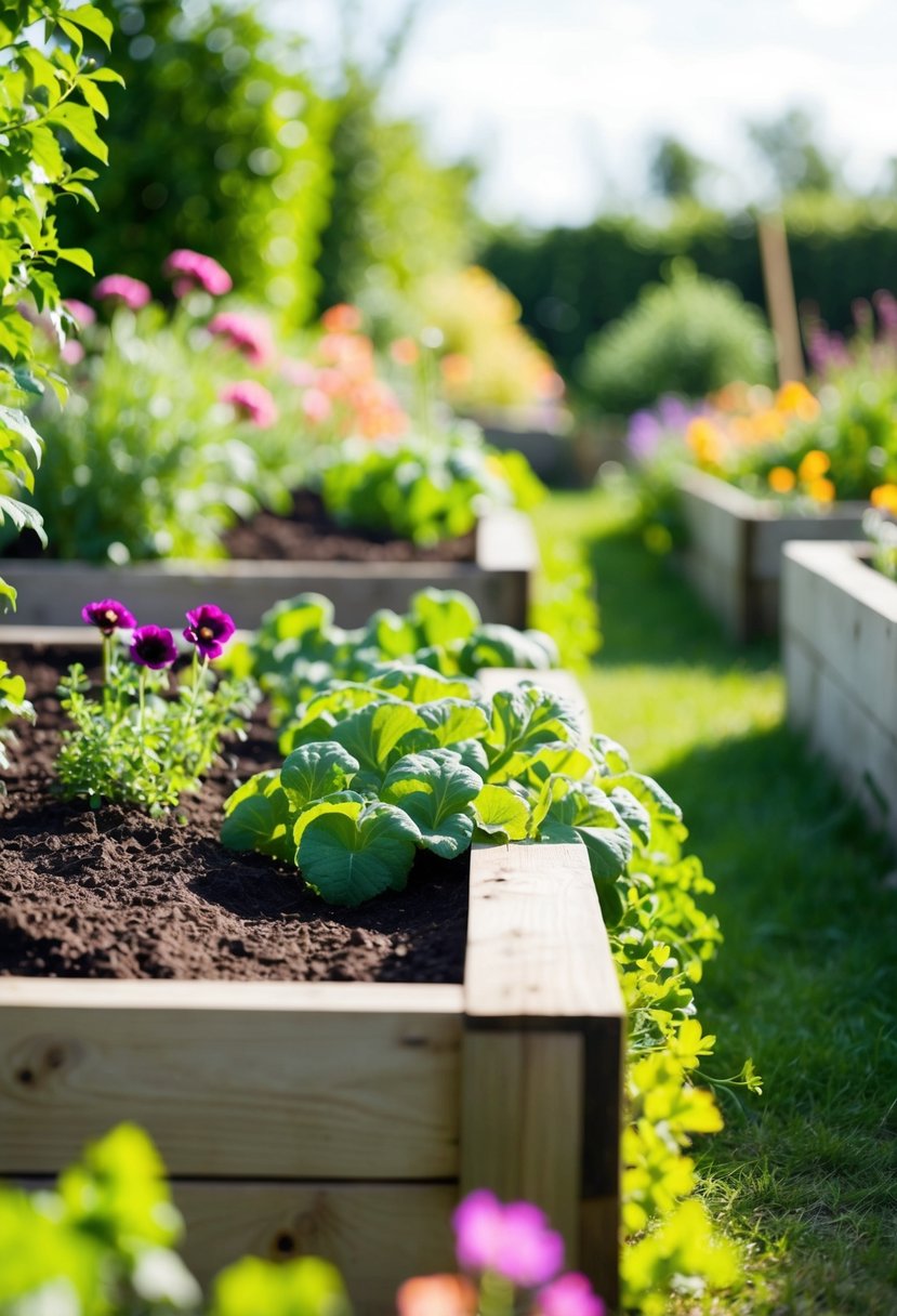 A row of raised garden beds framed by wooden sleepers. Flowers and greenery spill over the edges, creating a colorful border