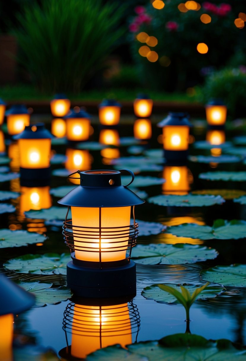 Solar lanterns float on 25 garden ponds at night