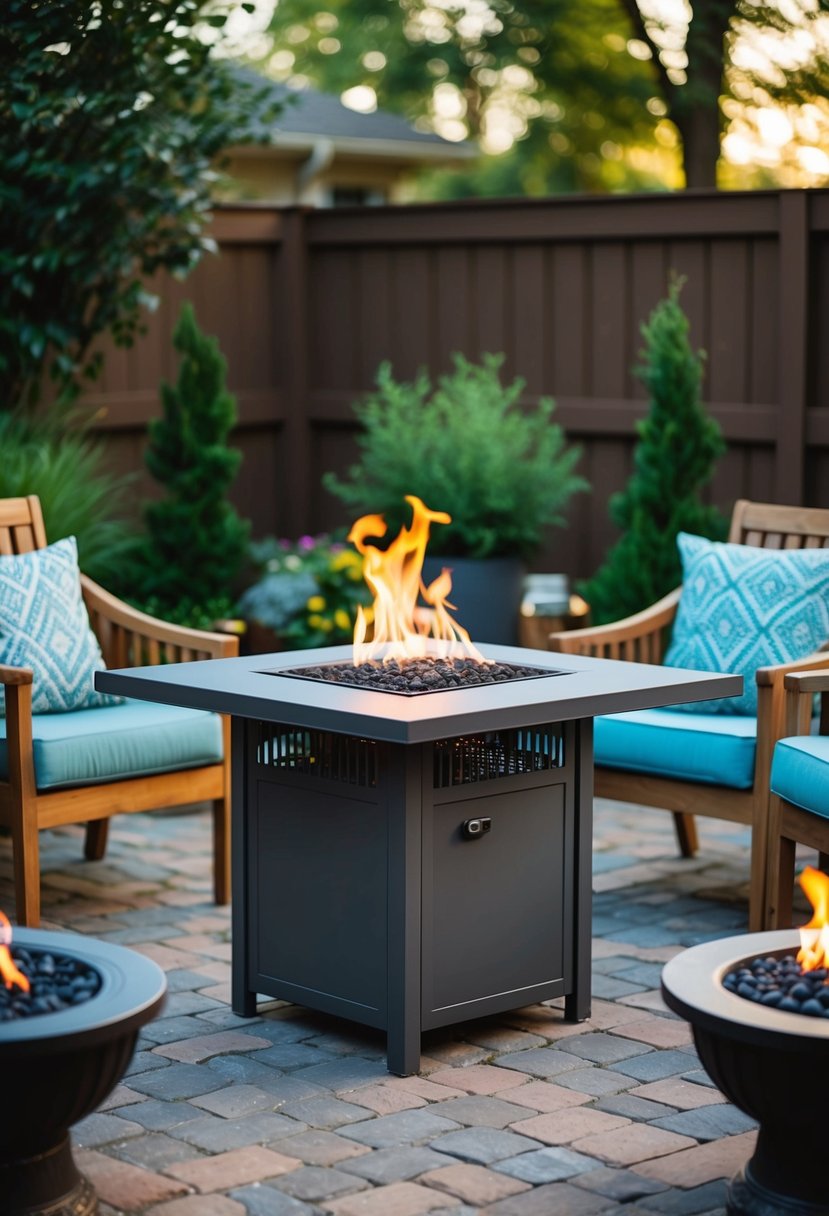 A cozy backyard patio with a Legacy Heating Gas Fire Table as the focal point, surrounded by small fire pit ideas for a warm and inviting atmosphere