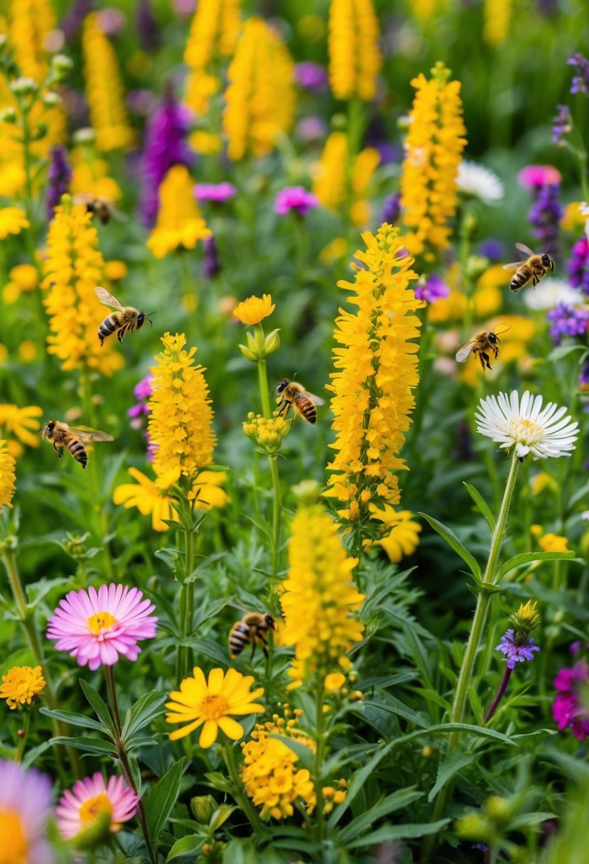A lush garden filled with Canadian Goldenrod and various wildflowers in full bloom. Bees and butterflies flit from flower to flower, creating a vibrant and colorful scene