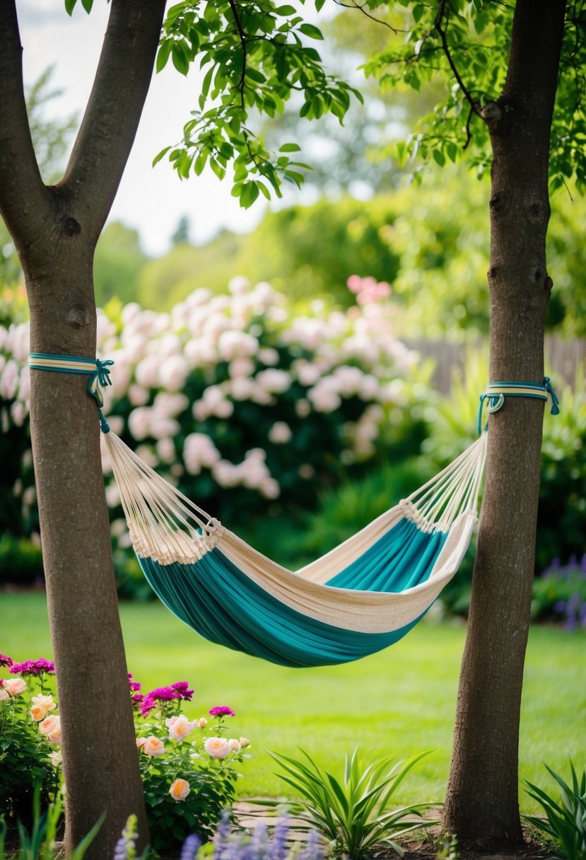 A cozy hammock made of organic cotton hangs between two trees in a lush garden, surrounded by blooming flowers and greenery